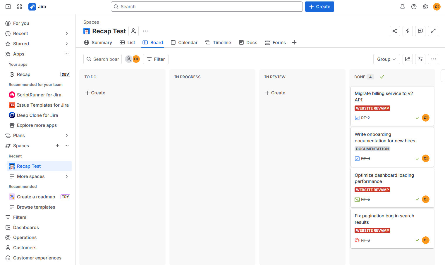 A Jira board's Done column showing four completed tickets.