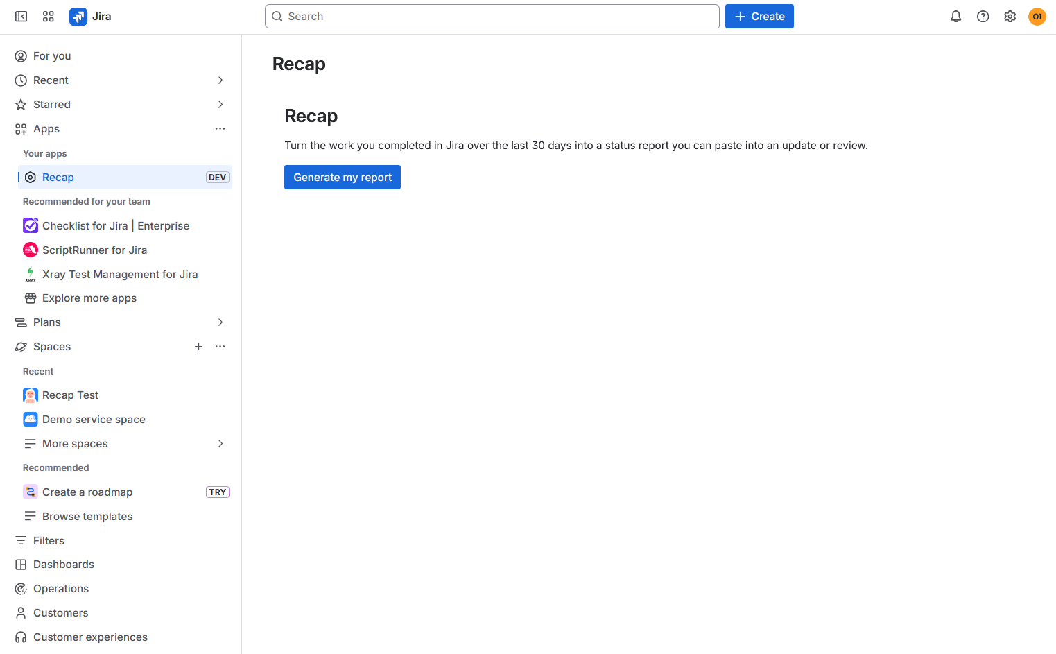 Clicking Generate my report inside Recap in Jira.