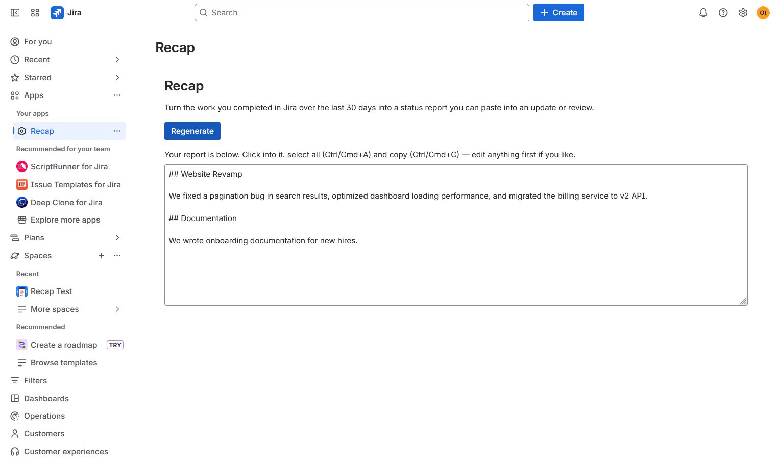 A finished status report generated by Recap, grouped by epic.